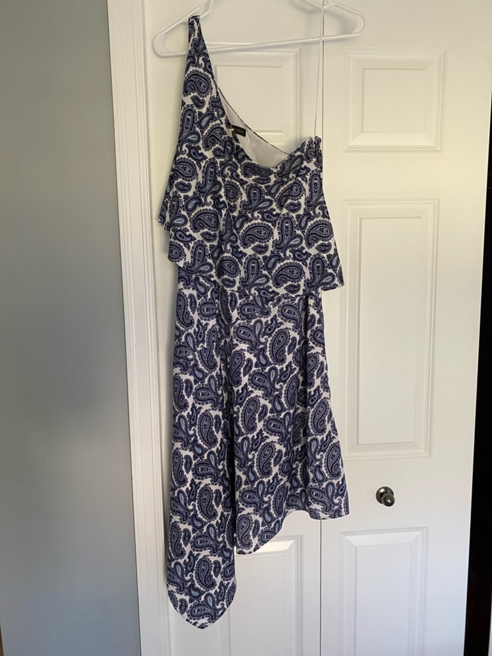 One-Shoulder Navy and White Paisley Dress